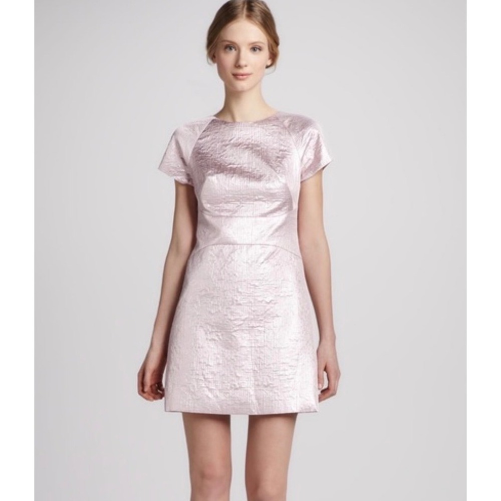 Tibi Pink Metallic Jacquard‎ Mini Dress Short Sleeve sz 4